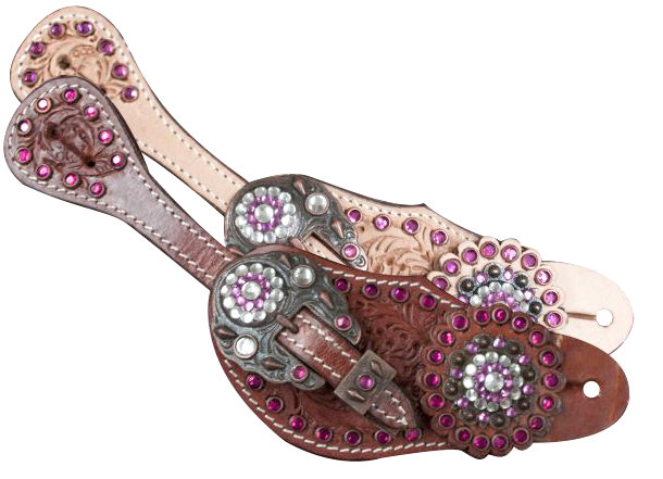 Showman ® LADIES SIZE Pink crystal rhinestone spur straps with floral tooling-Showman ® LADIES SIZE Pink crystal rhinestone spur straps with floral tooling