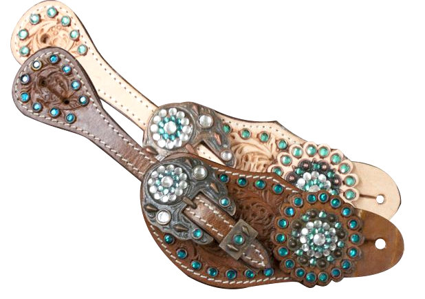 Showman ® LADIES SIZE Teal crystal rhinestone spur straps with floral tooling-Showman ® LADIES SIZE Teal crystal rhinestone spur straps with floral tooling