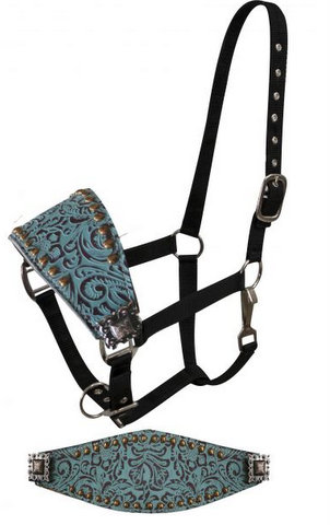 FULL SIZE Adjustable bronc style halter with filigree print accented with copper colored small studs and engraved conchos-FULL SIZE Adjustable bronc style halter with filigree print accented with copper colored small studs and engraved conchos