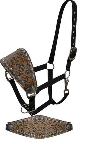 Adjustable bronc style halter with filigree print accented with small studs and engraved conchos.-Adjustable bronc style halter with filigree print accented with small studs and engraved conchos.