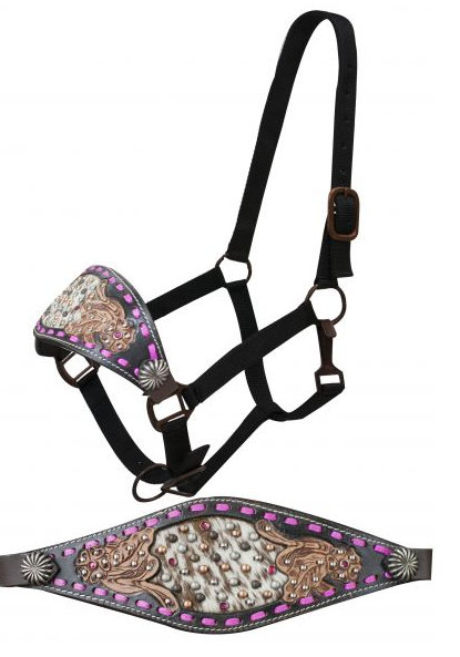 FULL SIZE Black leather bronc halter with pink buck stitch and floral tooling with a hair on inlay-FULL SIZE Black leather bronc halter with pink buck stitch and floral tooling with a hair on inlay