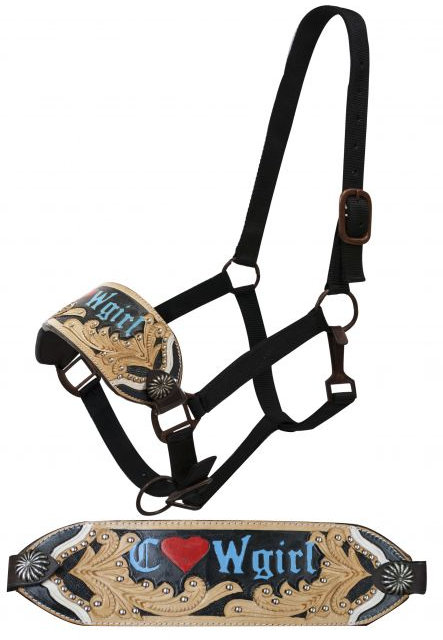 FULL SIZE Bronc halter with "Cowgirl" and filigree tooling.-FULL SIZE Bronc halter with Cowgirl and filigree tooling.