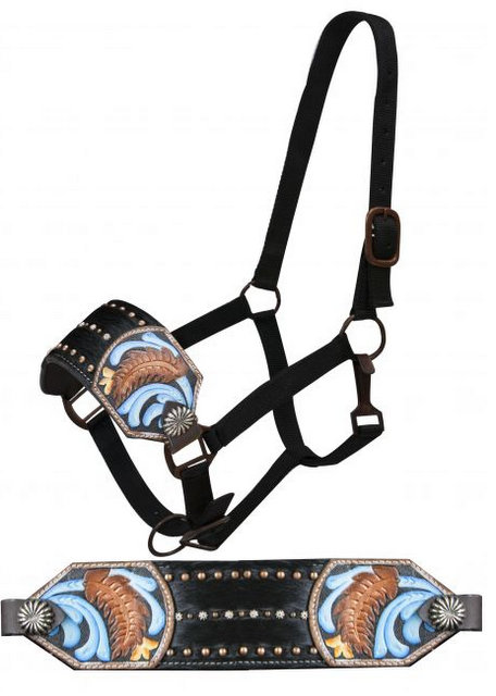 FULL SIZE Bronc halter with hair-on cowhide inlay and painted floral tooling.-FULL SIZE Bronc halter with hair-on cowhide inlay and painted floral tooling.