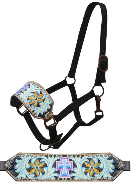 FULL SIZE Bronc halter with painted cross and painted filigree tooling.- FULL SIZE Bronc halter with painted cross and painted filigree tooling.