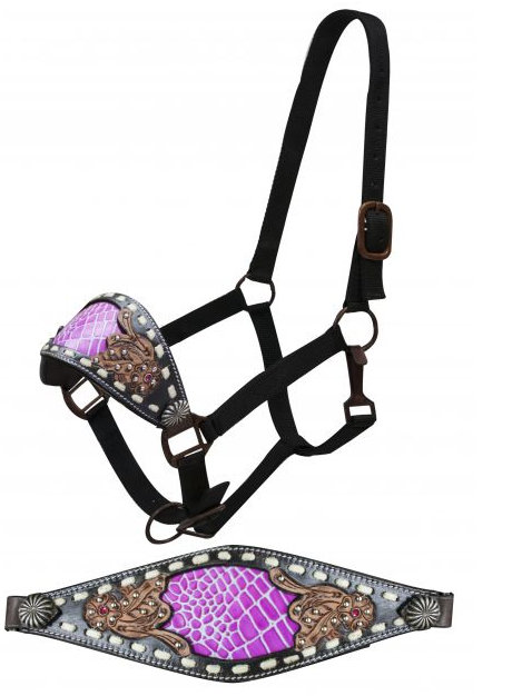 FULL SIZE Black leather bronc halter with black and pink alligator print inlay accented with tan buck stitch and floral tooling.-FULL SIZE Black leather bronc halter with black and pink alligator print inlay accented with tan buck stitch and floral tooling.