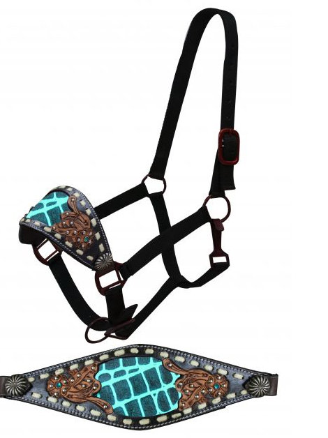FULL SIZE Black leather bronc halter with black and teal alligator print inlay accented with tan buck stitch and floral tooling.-FULL SIZE Black leather bronc halter with black and teal alligator print inlay accented with tan buck stitch and floral tooling.