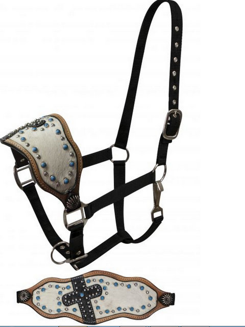 FULL SIZE Bronc halter with hair on cowhide and alligator print cross.- FULL SIZE Bronc halter with hair on cowhide and alligator print cross.