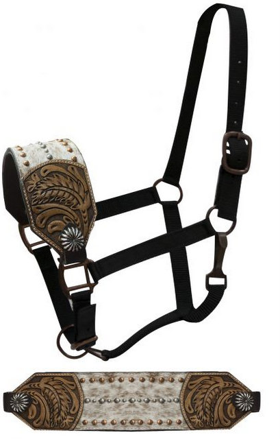 FULL SIZE Bronc halter with hair on noseband accented with floral tooling on sides.-FULL SIZE Bronc halter with hair on noseband accented with floral tooling on sides.