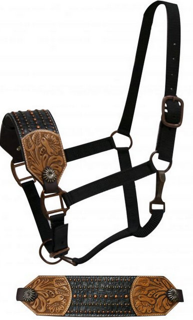 FULL SIZE Leather bronc halter with floral tooling.-FULL SIZE Leather bronc halter with floral tooling.