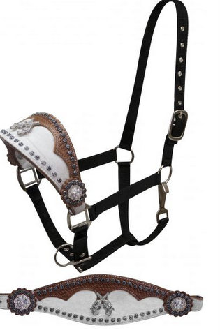 FULL SIZE bronc halter featuring white hair-on cowhide with scalloped leather overlay with basket weave tooling.-FULL SIZE bronc halter featuring white hair-on cowhide with scalloped leather overlay with basket weave tooling.