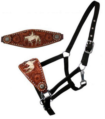 nylon bronc halter with cut out hair on cowhide horse and rider-nylon bronc halter with cut out hair on cowhide horse and rider