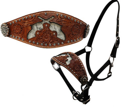 nylon bronc halter with cut out hair on cowhide dueling guns-nylon bronc halter with cut out hair on cowhide dueling guns