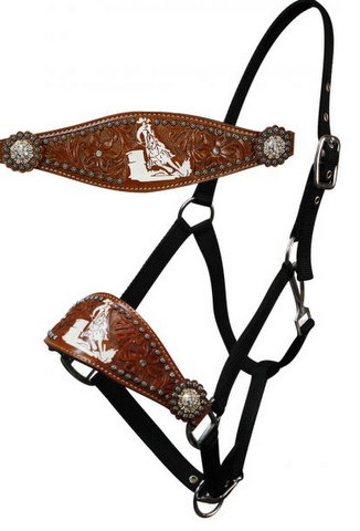 adjustable nose nylon bronc halter with floral tooling and barrel racer logo-adjustable nose nylon bronc halter with floral tooling and barrel racer logo