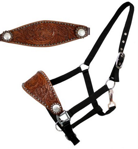 nylon bronc halter with acorn tooled noseband.- nylon bronc halter with acorn tooled noseband.