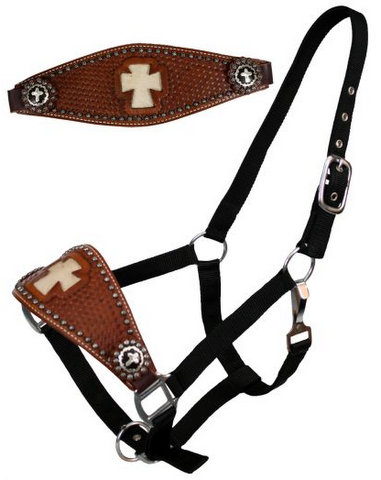 nylon bronc halter with cut out hair on cowhide cross.-nylon bronc halter with cut out hair on cowhide cross.