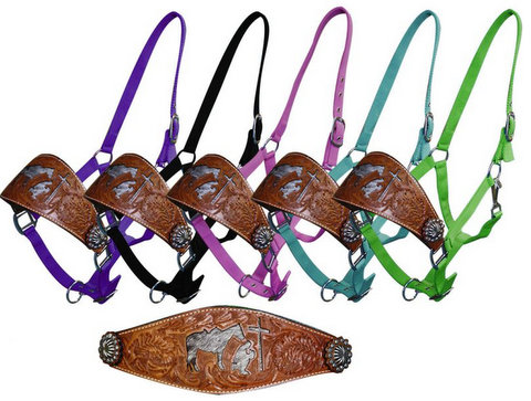 nylon bronc halter with cut out hair on cowhide praying cowboy- nylon bronc halter with cut out hair on cowhide praying cowboy