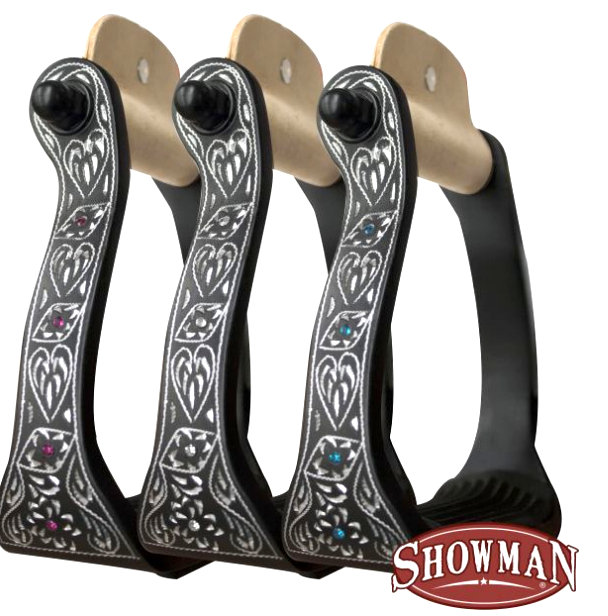 Black engraved aluminum stirrups with rhinestones.-Black engraved aluminum stirrups with rhinestones.