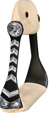 Light Weight Black Aluminum Bell Stirrup With Silver Engraved Accents.-Light Weight Black Aluminum Bell Stirrup With Silver Engraved Accents.