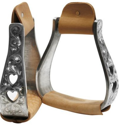 aluminum polished engraved stirrups with cut out heart design.-aluminum polished engraved stirrups with cut out heart design.