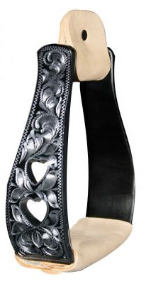 Black Aluminum Stirrups With Silver Engraving And Cut Out Hearts Designs.-Black Aluminum Stirrups With Silver Engraving And Cut Out Hearts Designs.