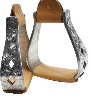 aluminum polished engraved stirrups with cut out diamond design.-aluminum polished engraved stirrups with cut out diamond design.