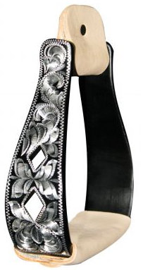Black Aluminum Engraved Silver Stirrup With Cut Out Diamonds.-Black Aluminum Engraved Silver Stirrup With Cut Out Diamonds.
