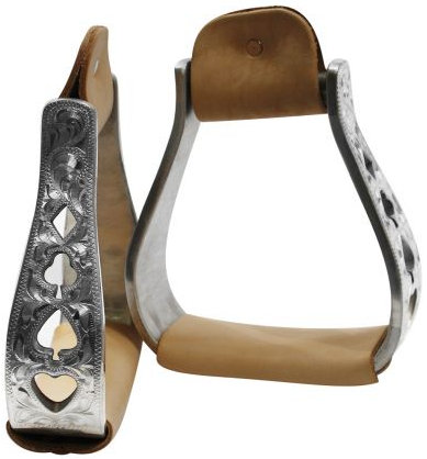aluminum polished engraved stirrups with cut out poker design.- aluminum polished engraved stirrups with cut out poker design.
