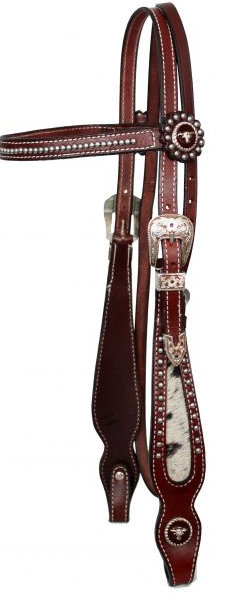 leather browband beaded headstall and reins with hair on cowhide cheeks.- leather browband beaded headstall and reins with hair on cowhide cheeks.