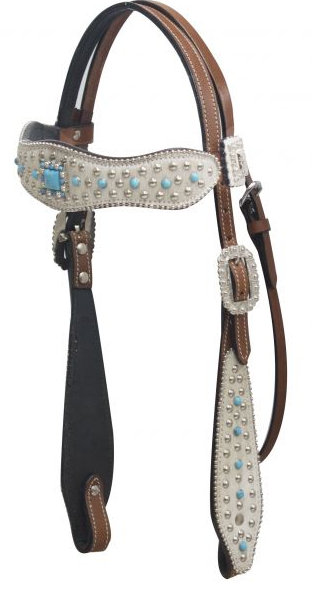 Hair on cowhide overlay headstall with turqoise stone conchos.-Hair on cowhide overlay headstall with turqoise stone conchos.