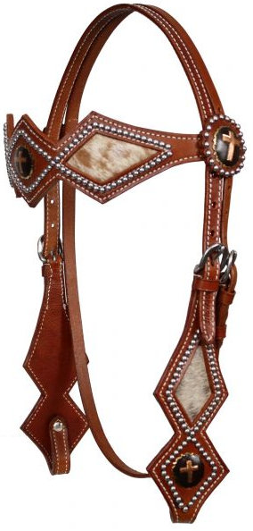 double stitched leather silver beaded diamond shaped browband headstall with gold cross conchos- double stitched leather silver beaded diamond shaped browband headstall with gold cross conchos