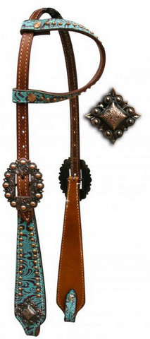 One Ear Headstall with Teal and Brown Filigree Print-One Ear Headstall with Teal and Brown Filigree Print