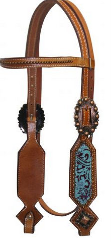 Double Stitched Leather Headstall with Filigree Print Overlay.-Double Stitched Leather Headstall with Filigree Print Overlay.