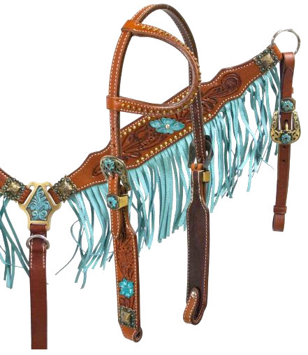 Argentina cow leather turquoise fringe headstall and breast collar set.- Argentina cow leather turquoise fringe headstall and breast collar set.