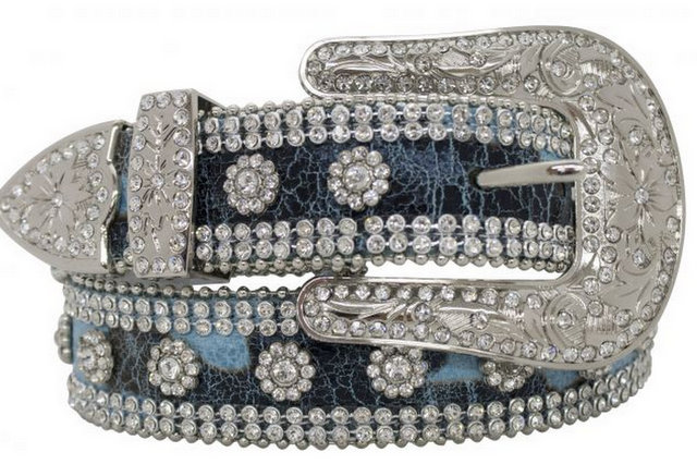 Showman Couture ™ Western style bling teal cracked leather spotted print belt with removable buckle.- Showman Couture ™ Western style bling teal cracked leather spotted print belt with removable buckle.