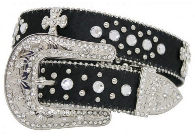 Showman Couture ™ Black hair on cowhide western style leather belt with crystal rhinestone cross conchos.- Showman Couture ™ Black hair on cowhide western style leather belt with crystal rhinestone cross conchos.