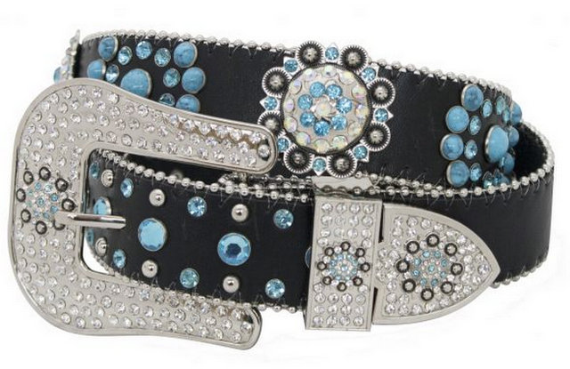 Showman Couture ™ Western style black leather belt with crystal rhinestone rosette conchos and removable buckle.-Showman Couture ™ Western style black leather belt with crystal rhinestone rosette conchos and removable buckle.