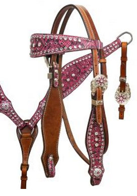 Pink snake print headstall and breast collar set with crystal rhinestones.-Pink snake print headstall and breast collar set with crystal rhinestones.