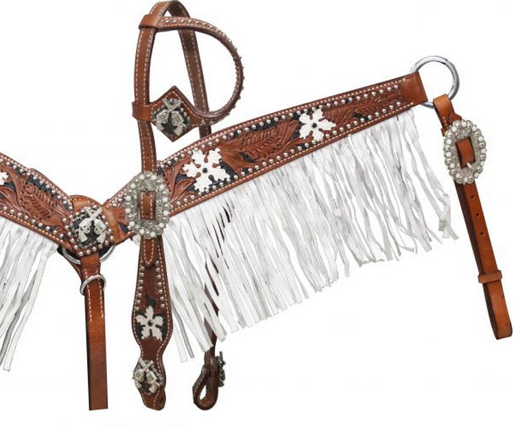 Medium tooled leather headstall and breast coller with black color inlay and white painted flowers.-Medium tooled leather headstall and breast coller with black color inlay and white painted flowers.