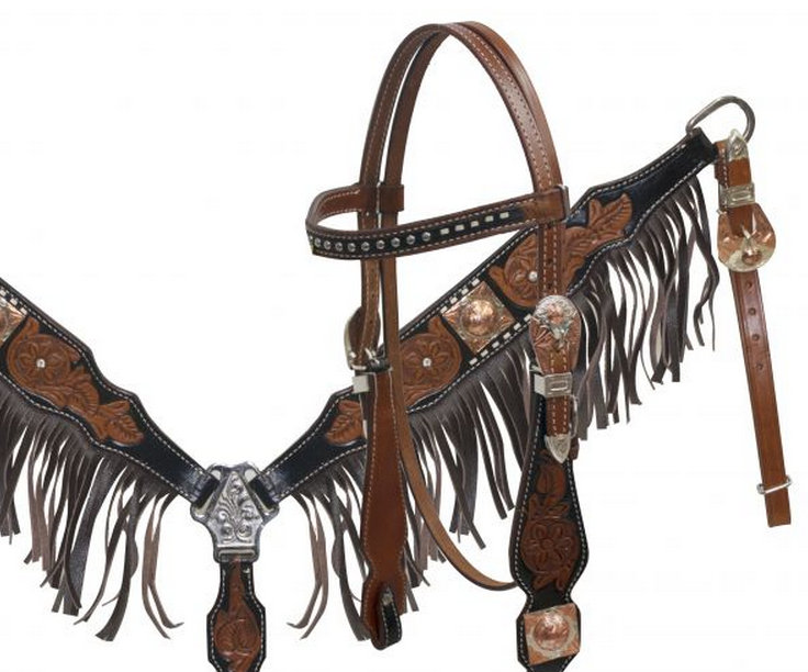 Black Leather Headstall and Breastcollar Set with Leather Fringe-Black Leather Headstall and Breastcollar Set with Leather Fringe