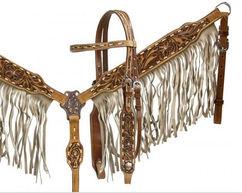 Double stitched leather headstall and breast collar set with tan suede fringe and floral tooling-Double stitched leather headstall and breast collar set with tan suede fringe and floral tooling
