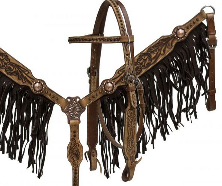 Double stitched leather headstall and breast collar set with black suede fringe and floral tooling-double stitched leather headstall and breast collar set with black suede fringe and floral tooling