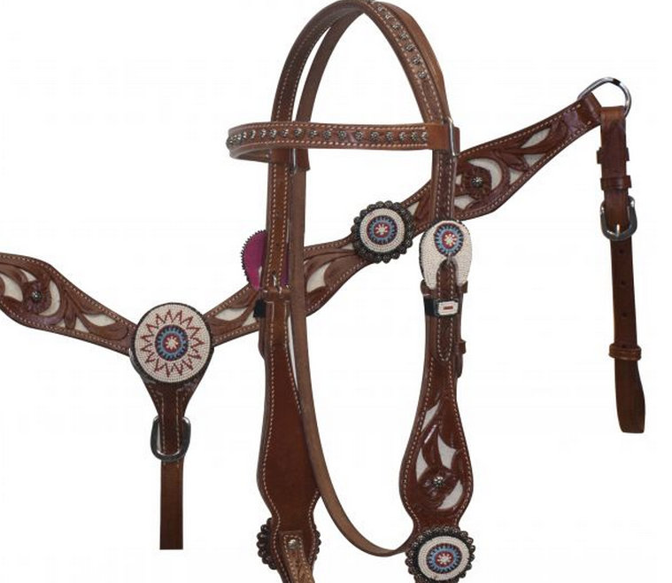 Beaded Concho Headstall and Breast Collar with Cowhair Inlay-Beaded Concho Headstall and Breast Collar with Cowhair Inlay
