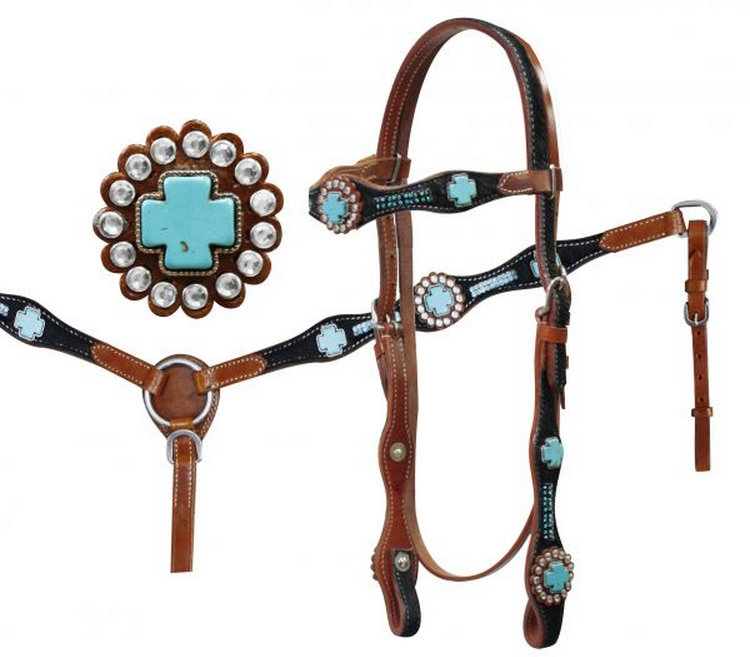 Hair on cowhide with turquoise stone crosses- Hair on cowhide with turquoise stone crosses