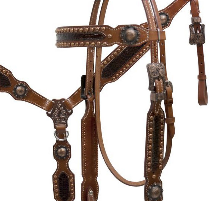 Double Stitched Leather Headstall and Breast Collar with Alligator print and Copper Hardware-Double Stitched Leather Headstall and Breast Collar with Alligator print and Copper Hardware