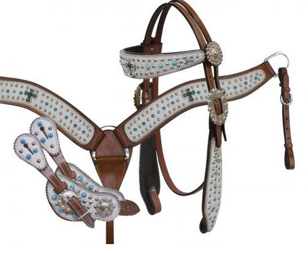 Hair on white cowhide with turquoise and silver beads-Hair on white cowhide with turquoise and silver beads