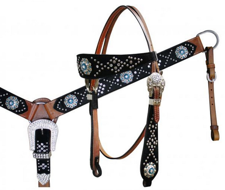 Hair On Cowhide Headstall and Breast Collar Set with Crystal Rhinestone Conchos-Hair On Cowhide Headstall and Breast Collar Set with Crystal Rhinestone Conchos