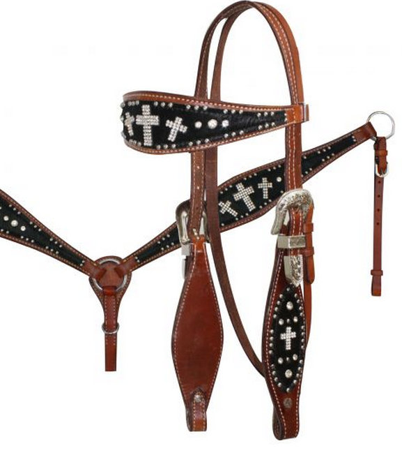 Hair-on and Crystal Rhinestone Crosses Headstall and Breast Collar Set.-Hair-on and Crystal Rhinestone Crosses Headstall and Breast Collar Set.