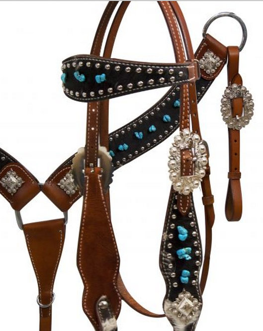Hair On Cowhide Headstall and Breastcollar with Turquoise Stones-Hair On Cowhide Headstall and Breastcollar with Turquoise Stones