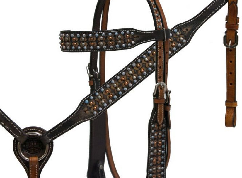 Studded headstall and breast collar set with antique style leather accented colored studs-Studded headstall and breast collar set with antique style leather accented colored studs