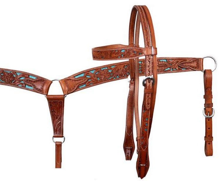 Double stitched leather filigree headstall and breastcollar set with glitter colored inlay-Double stitched leather filigree headstall and breastcollar set with glitter colored inlay